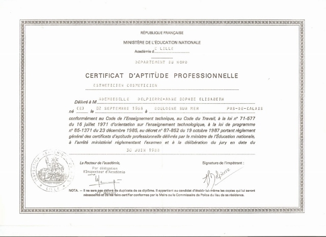 certificat d'aptitude professionnel  -Anne-Sophie Delpierre   L'institut Guinot lpg 6 rue du vivier BOULOGNE SUR MER 62200 0321315552 www.institut-guinot.net